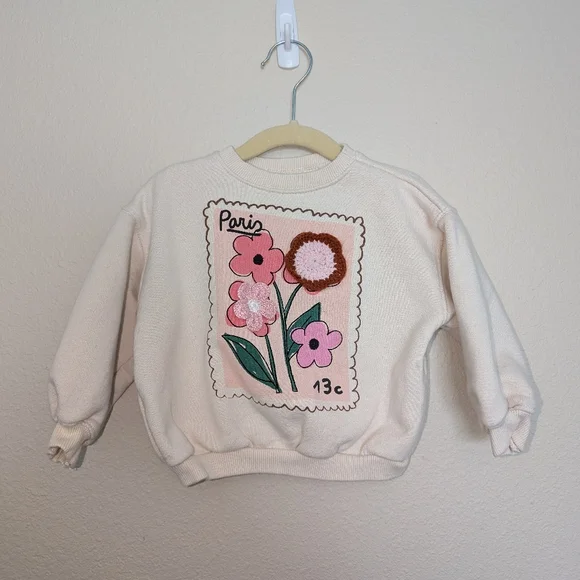 ZARA | Size 2T | Cream & Pink Paris Floral Postage Appliqué Print Sweatshirt - Picture 1 of 3